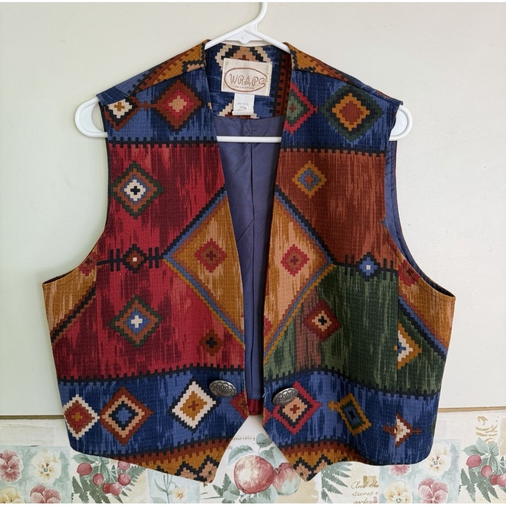 Vtg 90s Wraps Tapestry Vest Made in Texas Southwestern Western Aztec Boho